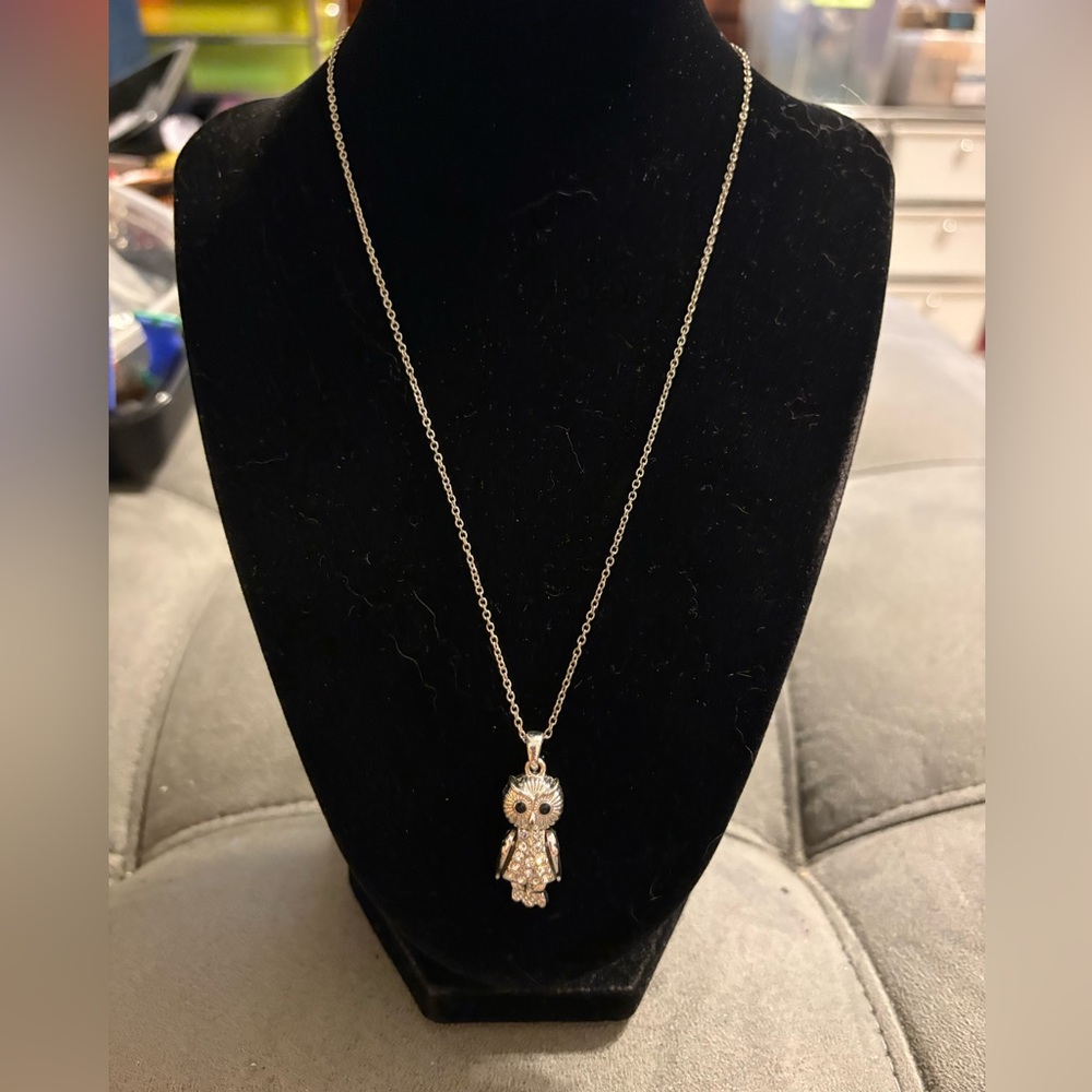 Articulated Owl Crystals Moveable Pendant Silver Chain Necklace 18” 4”ext